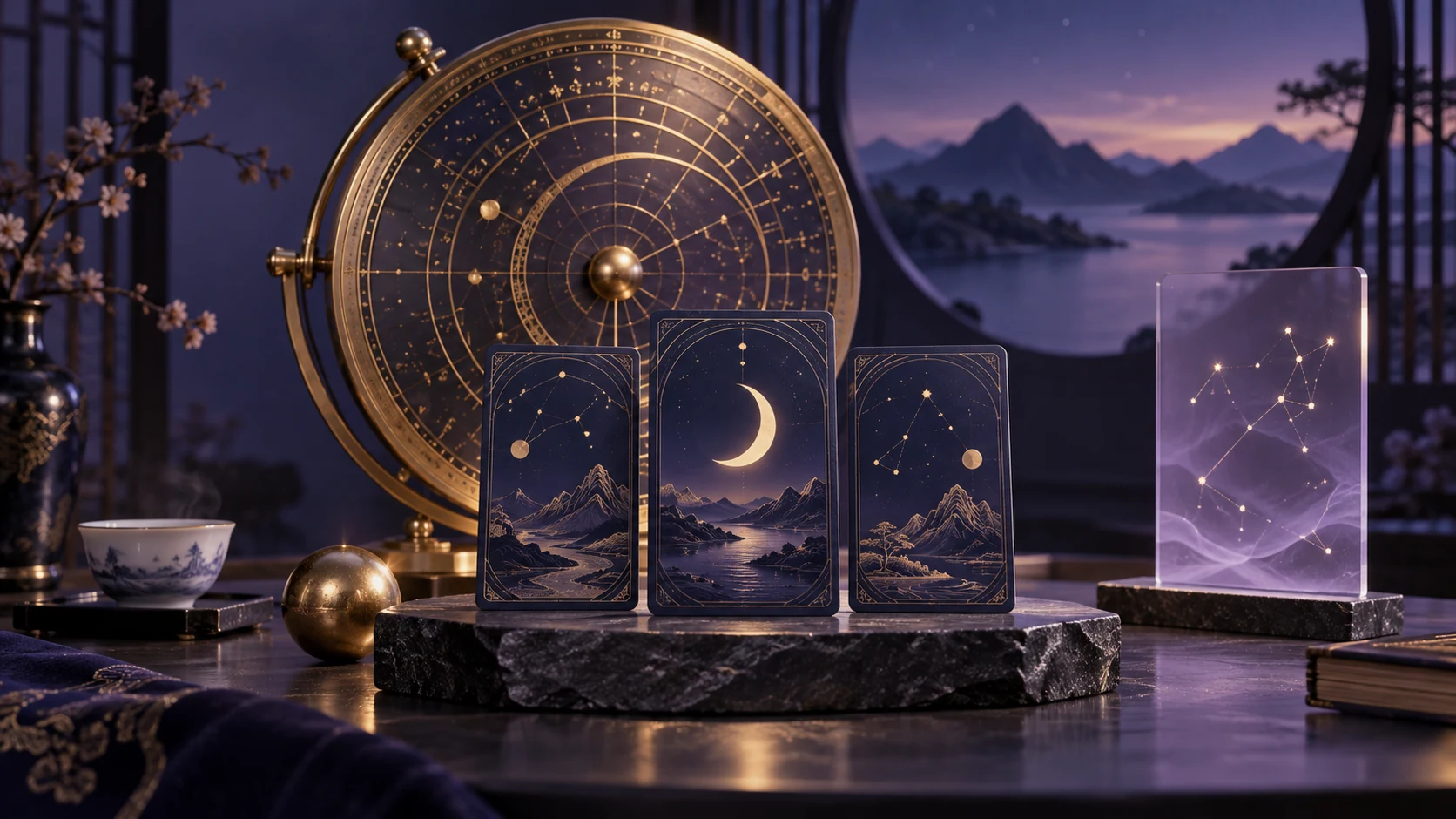 观照文化探索概念场景：深紫色空间中的暖金星盘、月亮卡牌与茶盏