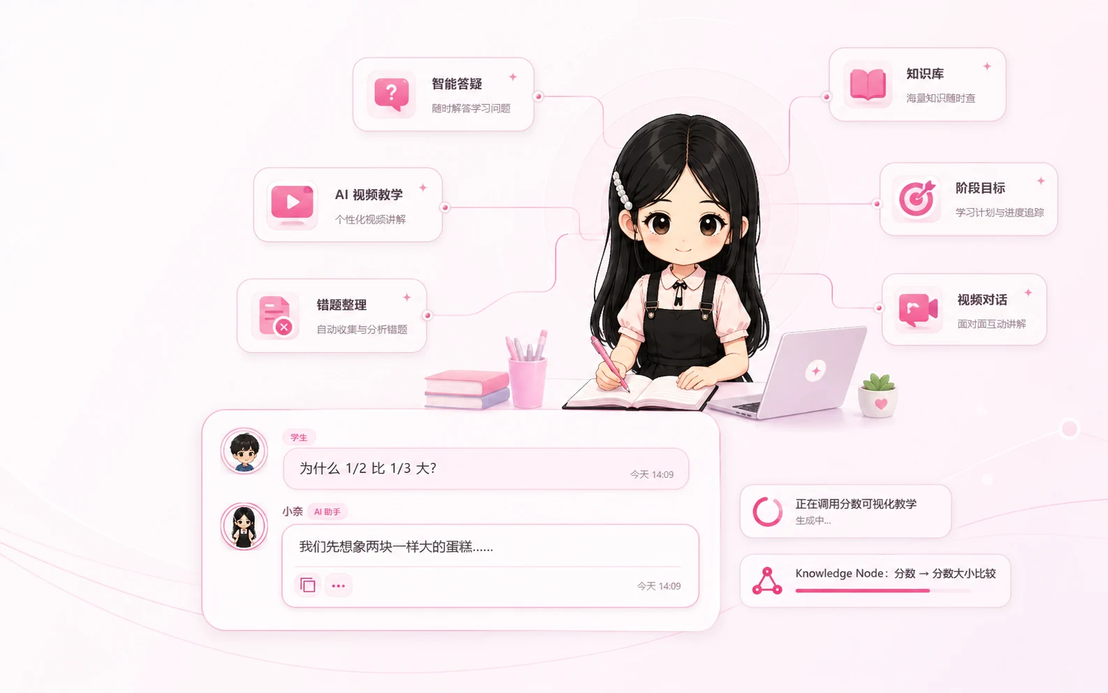 小奈AI伴学助手与智能答疑、知识库、视频教学和学习目标界面