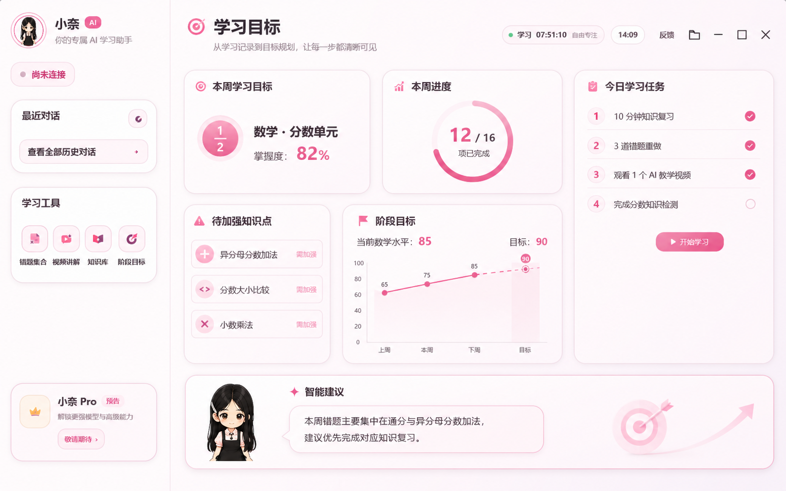 详细学习目标规划 Dashboard，展示本周目标、进度、今日任务、薄弱知识点、阶段目标与小奈智能建议